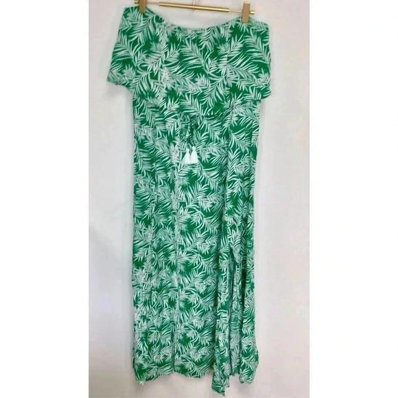 Japna Womens Green Tropical Print Flutter Side Slit Strapless Maxi Dress Large - Picture 2 of 10